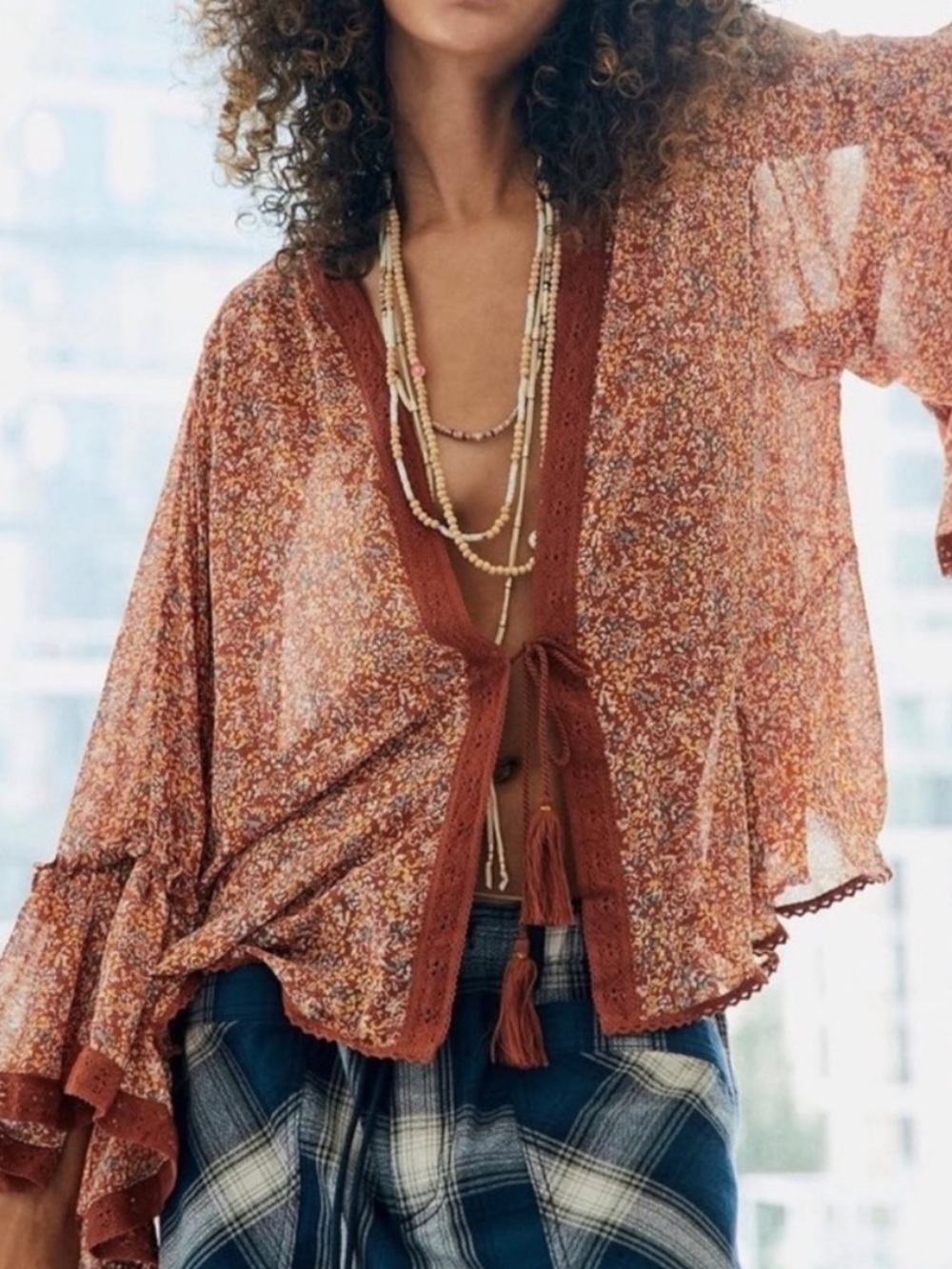 Free People Rust Multi Floral Tassel Kimono Cardigan